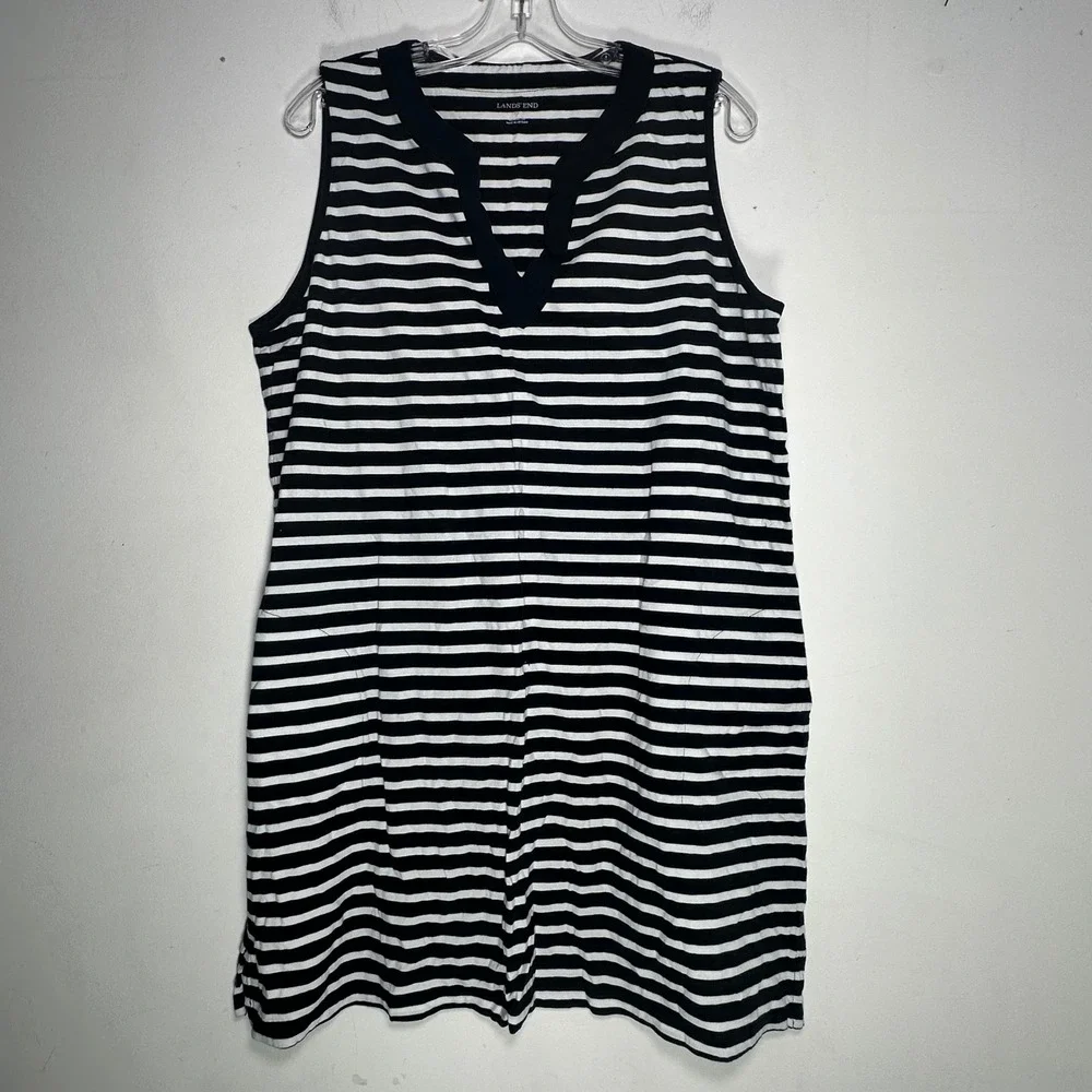 Lands End Black White Striped Sleeveless Split V-Neck Cotton Shift‎ Dress L